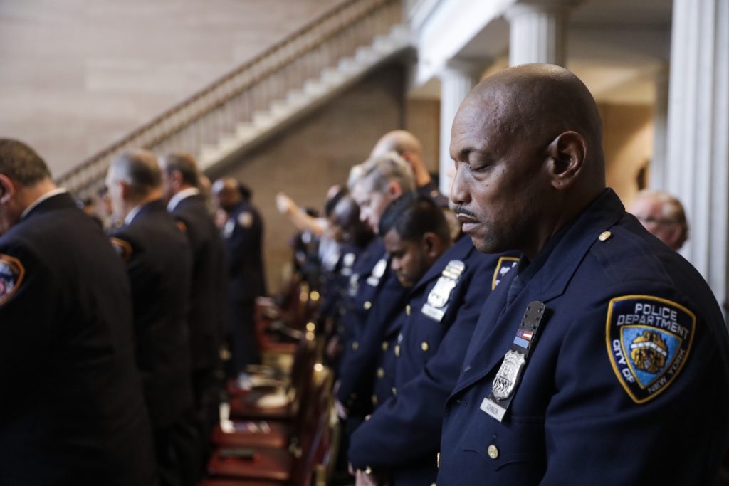 Around 100 first responders gathered at Brooklyn Borough Hall to remember those Brooklyn residents who died on Sept. 11, 2011. Eagle photo by Paul Frangipane