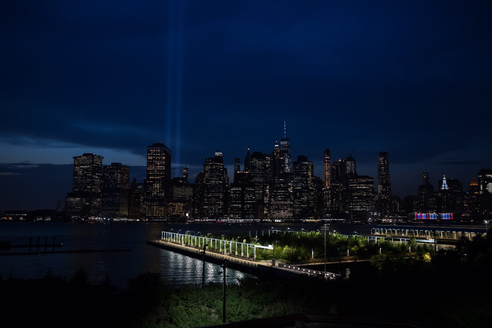 The Twin Towers tribute lights light the sky over Lower Manhattan. Eagle photo by Paul Frangipane