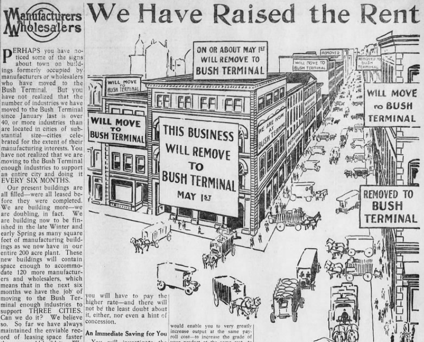A promotion for Bush Terminal in the June 21, 1911, edition of the Brooklyn Daily Eagle shows manufacturers fleeing other parts of the city for Bush Terminal.