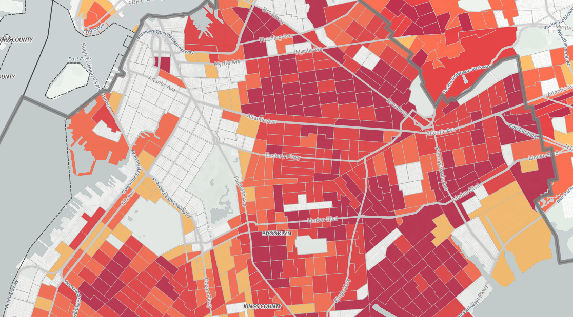 Central Brooklyn has some of the worst Census response rates in the nation. Screenshot of censushardtocountmaps2020.us