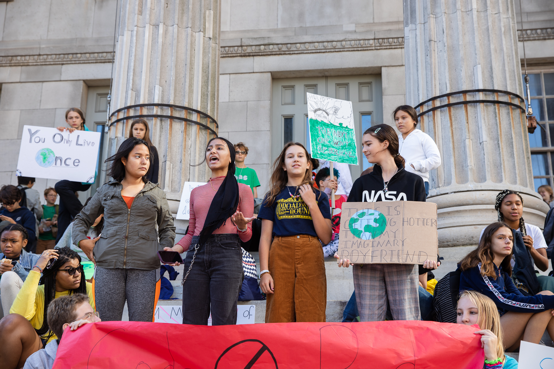 Farzana Pritte, second from left, and Alice Stern, second from right, organized the walk out of Boerum Hill School of International Studies.