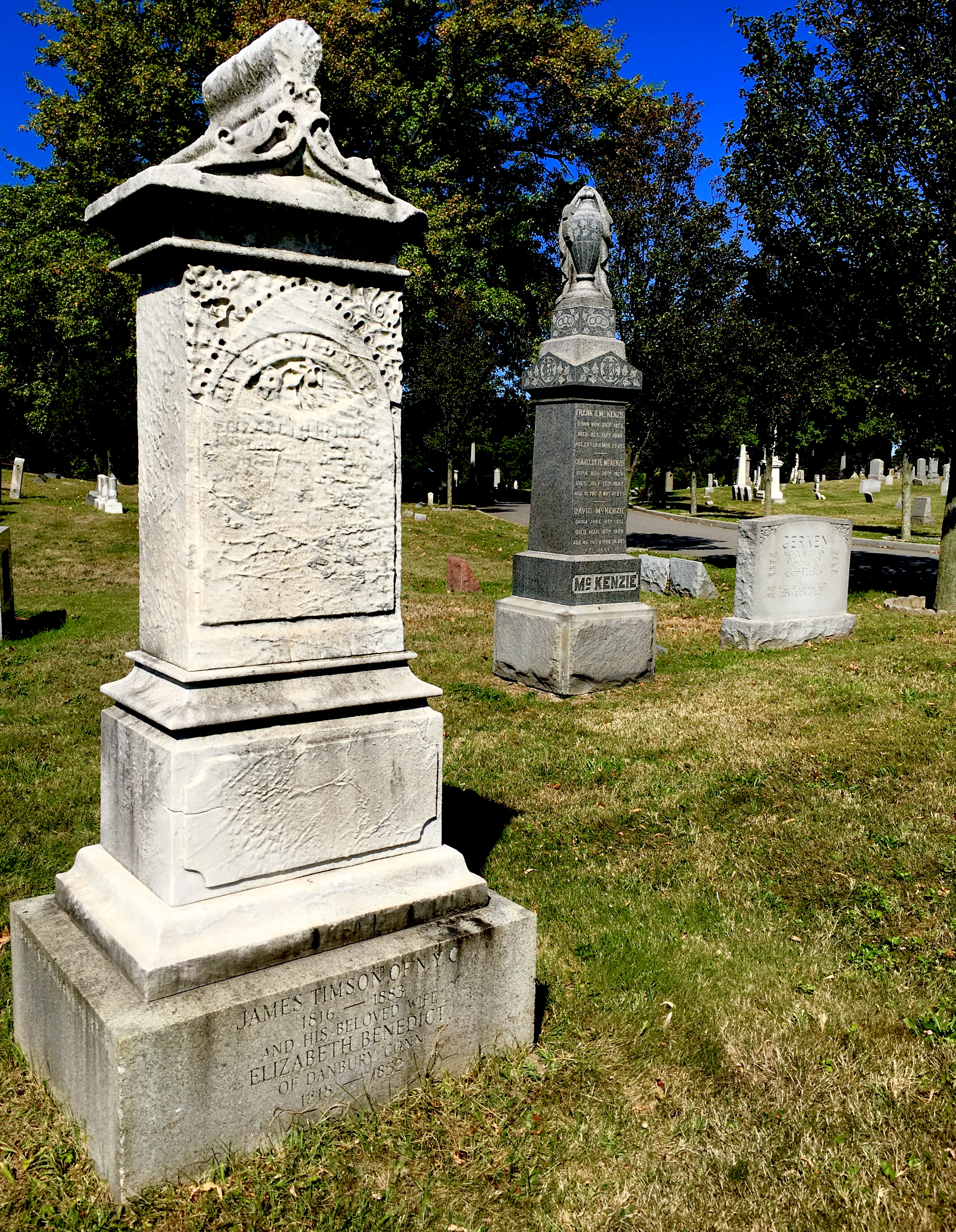 The beautiful monument at left marks the grave of spouses James Timson and Elizabeth Benedict. Eagle photo by Lore Croghan