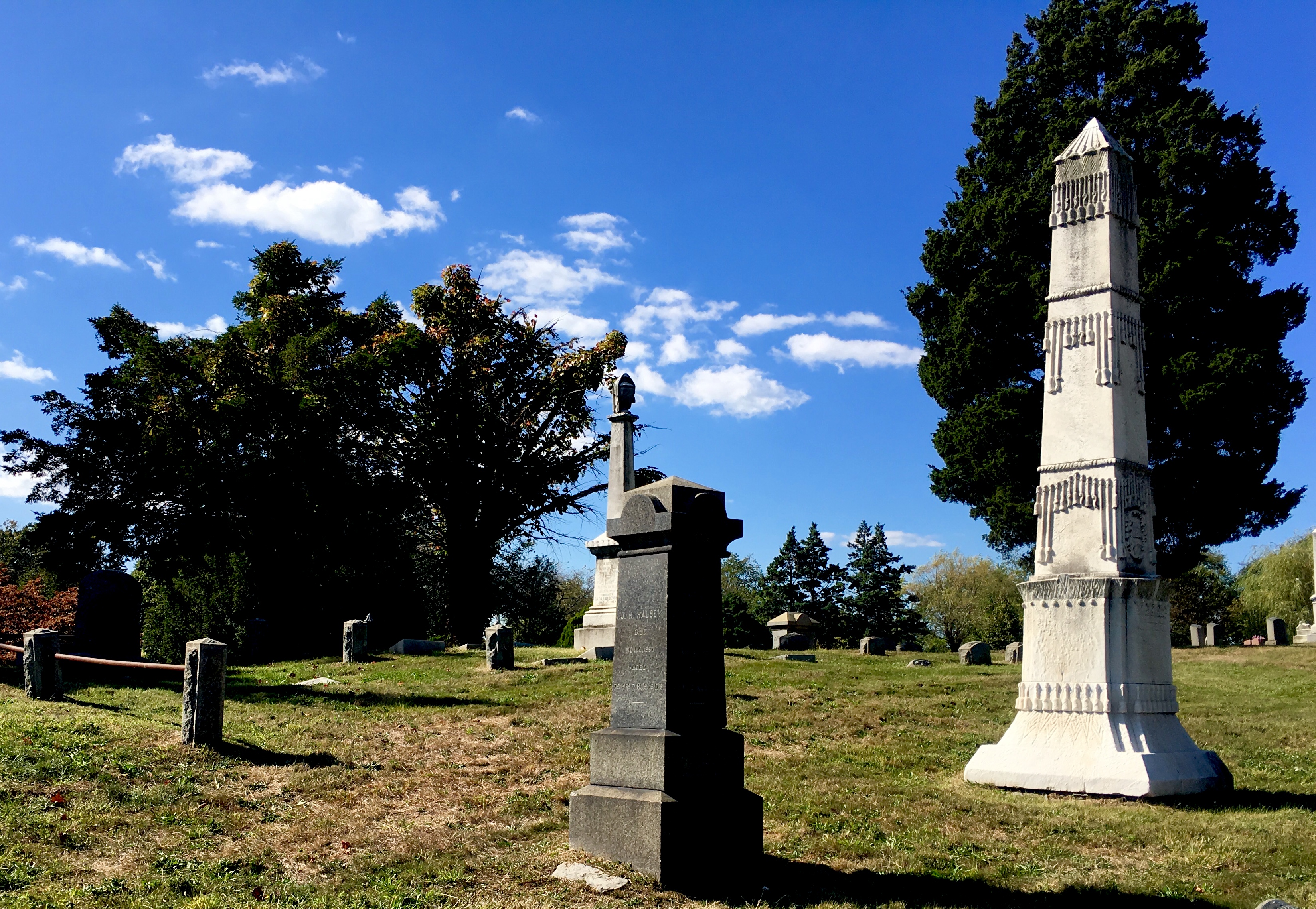 The elaborately decorated obelisk at right marks the grave of Oliver Halsey. Eagle photo by Lore Croghan