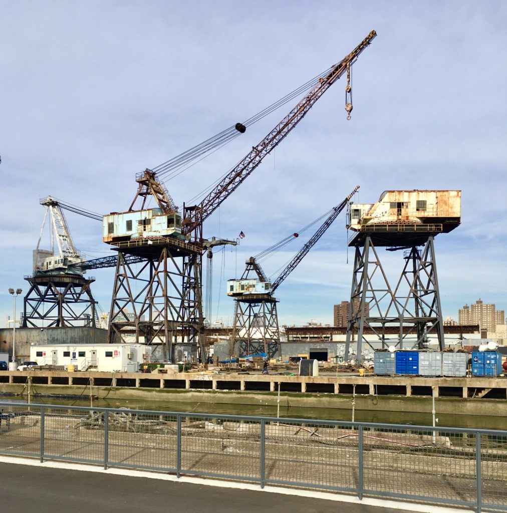 You can see these gantry cranes when you walk down the pedestrian pathway alongside the Brooklyn Navy Yard’s Dock 72. Photo: Lore Croghan/Brooklyn Eagle