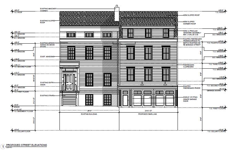 This drawing depicts the existing house at 56 Middagh St. (at left) and new construction that’s proposed for the property’s parking lot (at right). Rendering: Elizabeth Pratt