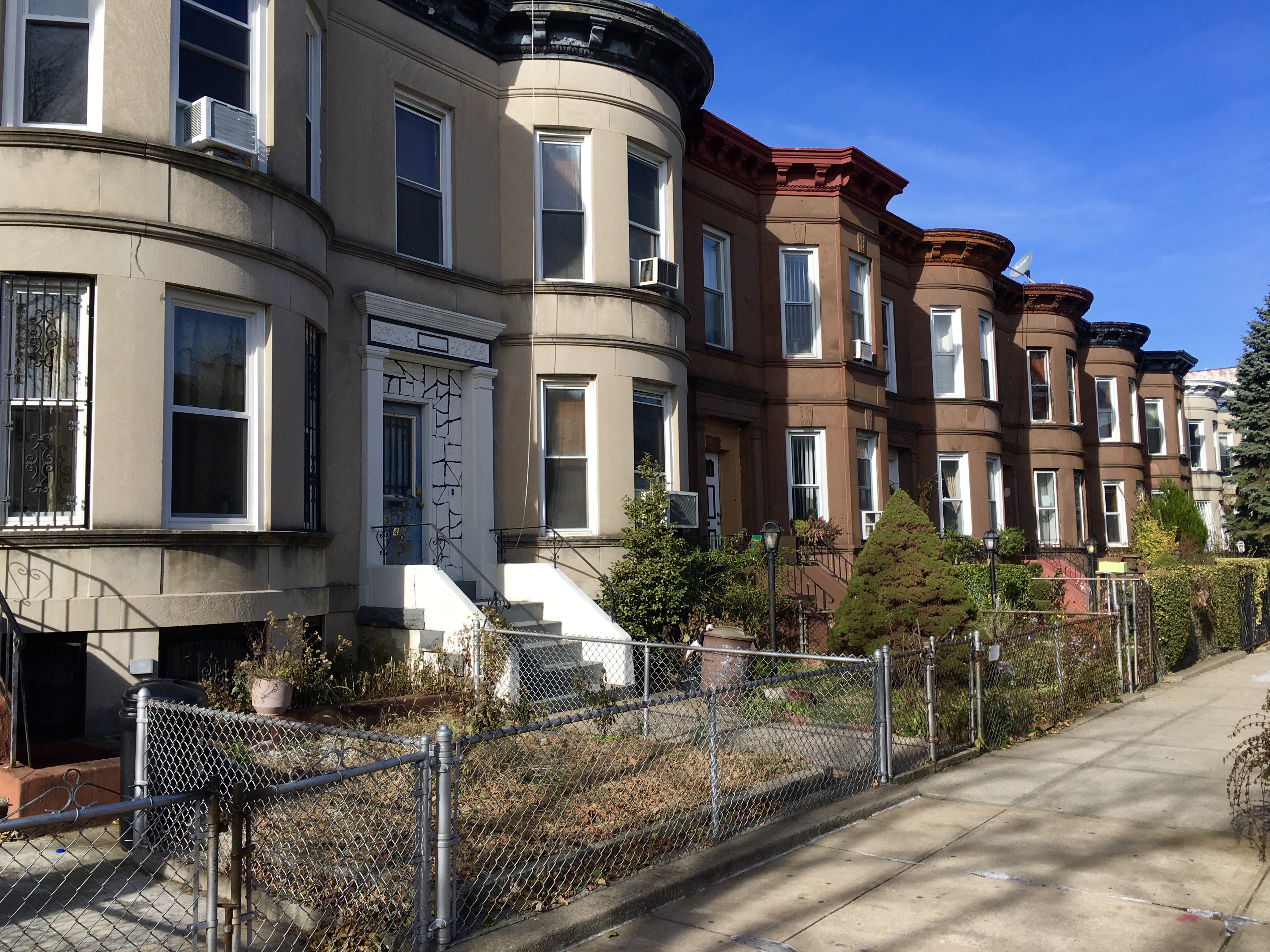 The East 25th Street block that’s a proposed historic-district candidate is a mix of limestone and brownstone homes. Photo: Lore Croghan/Brooklyn Eagle