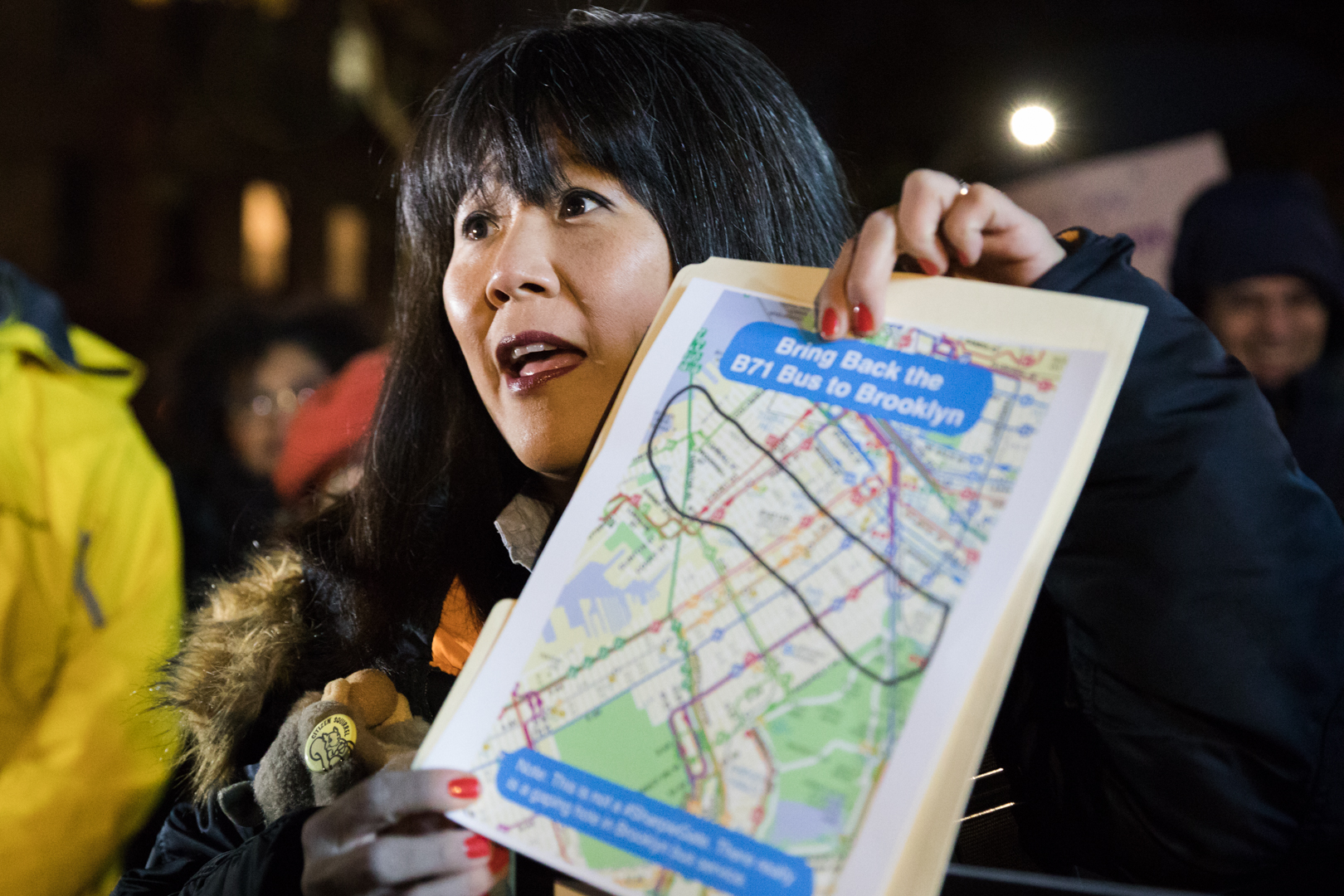 Kathy Park Price shows a void in service where the B71 was. Park Price is a Park Slope parent who runs Citizen Squirrel, an initiative to encourage civic engagement among families. Eagle photo by Paul Frangipane