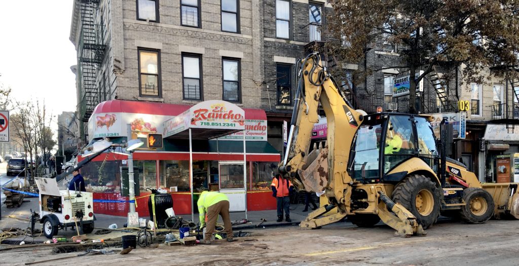 Work crews are busy on Monday at the scene of a water main break at Fifth Avenue and 44th Street in Sunset Park.