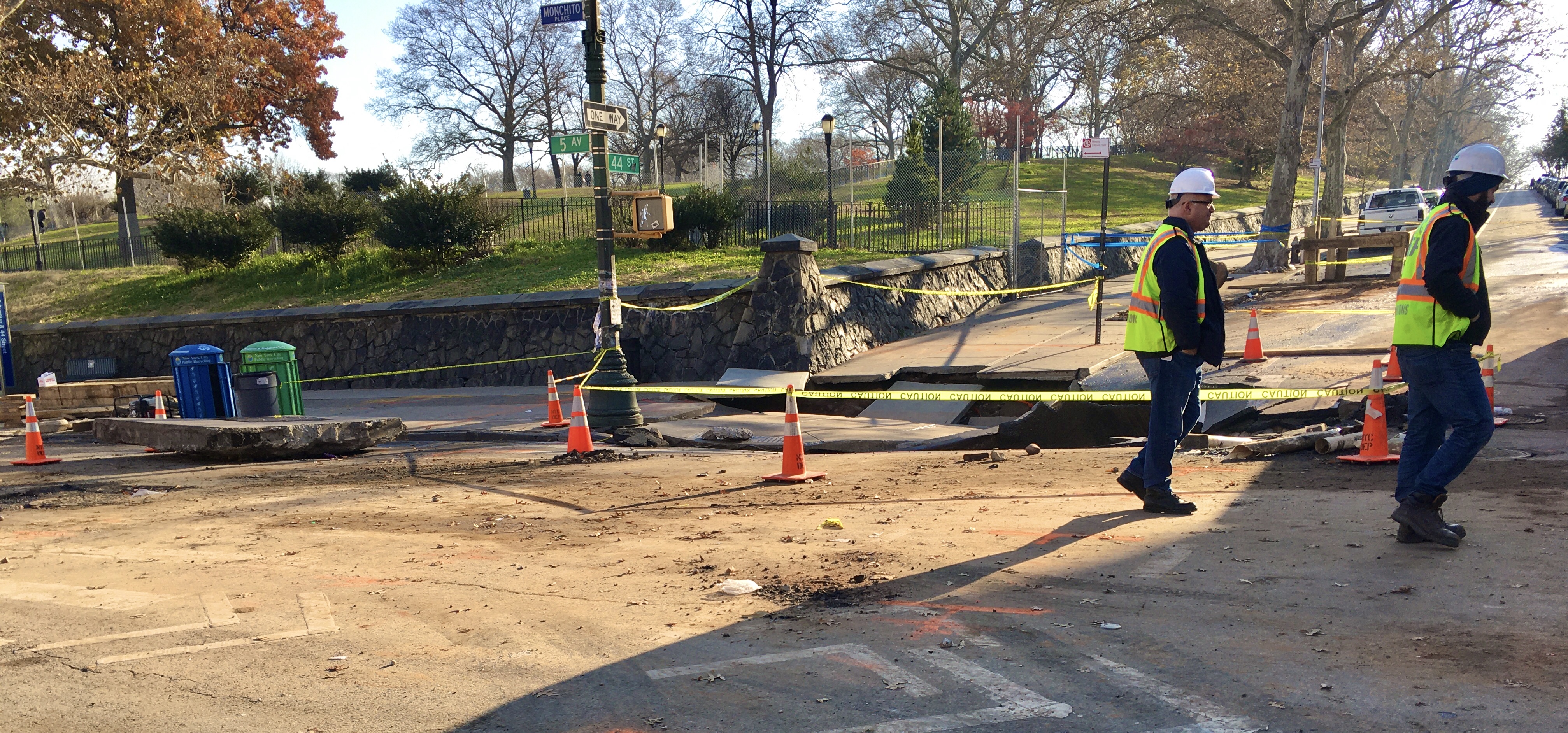 This hole was caused by the water main break at Fifth Avenue and the corner of 44th Street. Photo: Lore Croghan/Brooklyn Eagle