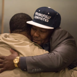 Derrick Hamilton, a victim of Louis Scarcella, hugs Eliseo DeLeon as DeLeon is released at Brooklyn Supreme Court. Photo: Paul Frangipane/Brooklyn Eagle