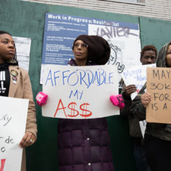 Housing advocates gathered outside 348 Nostrand Ave. to demand the city offer truly affordable housing and units for homeless New Yorkers. Photo: Paul Frangipane/Brooklyn Eagle