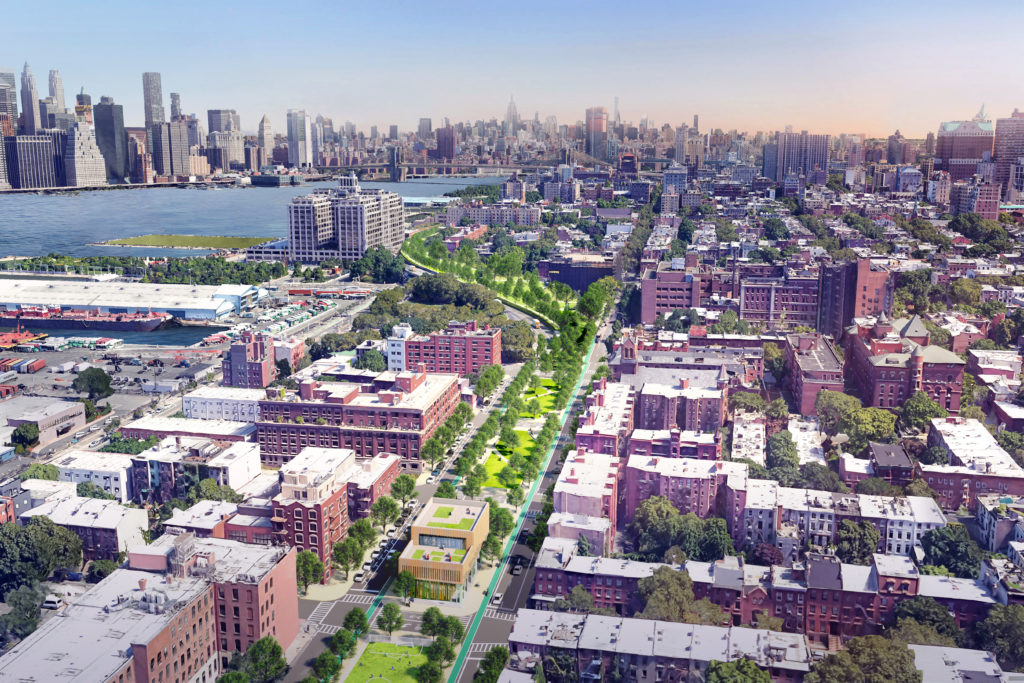 The proposal calls for covering the Cobble Hill and Carroll Gardens BQE trench with an elevated park. The rendering above is one of several possible designs. Rendering via Scott Stringer's Office