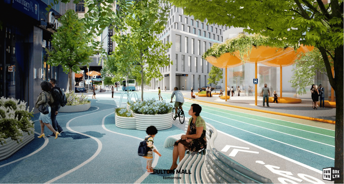The Downtown Brooklyn Partnership recommends a makeover of the Fulton Mall. Rendering via Downtown Brooklyn Partnership