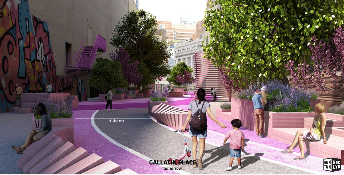 This is a design for improved pedestrian safety on Gallatin Place. Rendering via Downtown Brooklyn Partnership