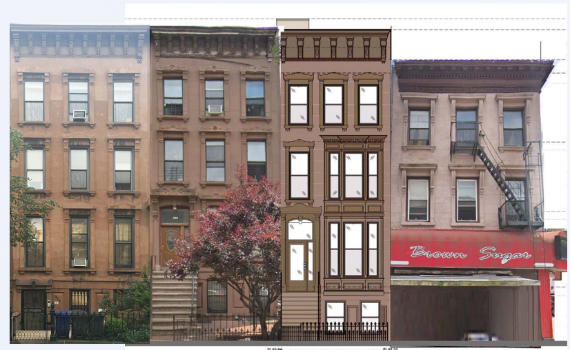 This rendering shows the design for a new house (second from right) planned for a vacant lot at 324 Macon St. Rendering via the Landmarks Preservation Commission