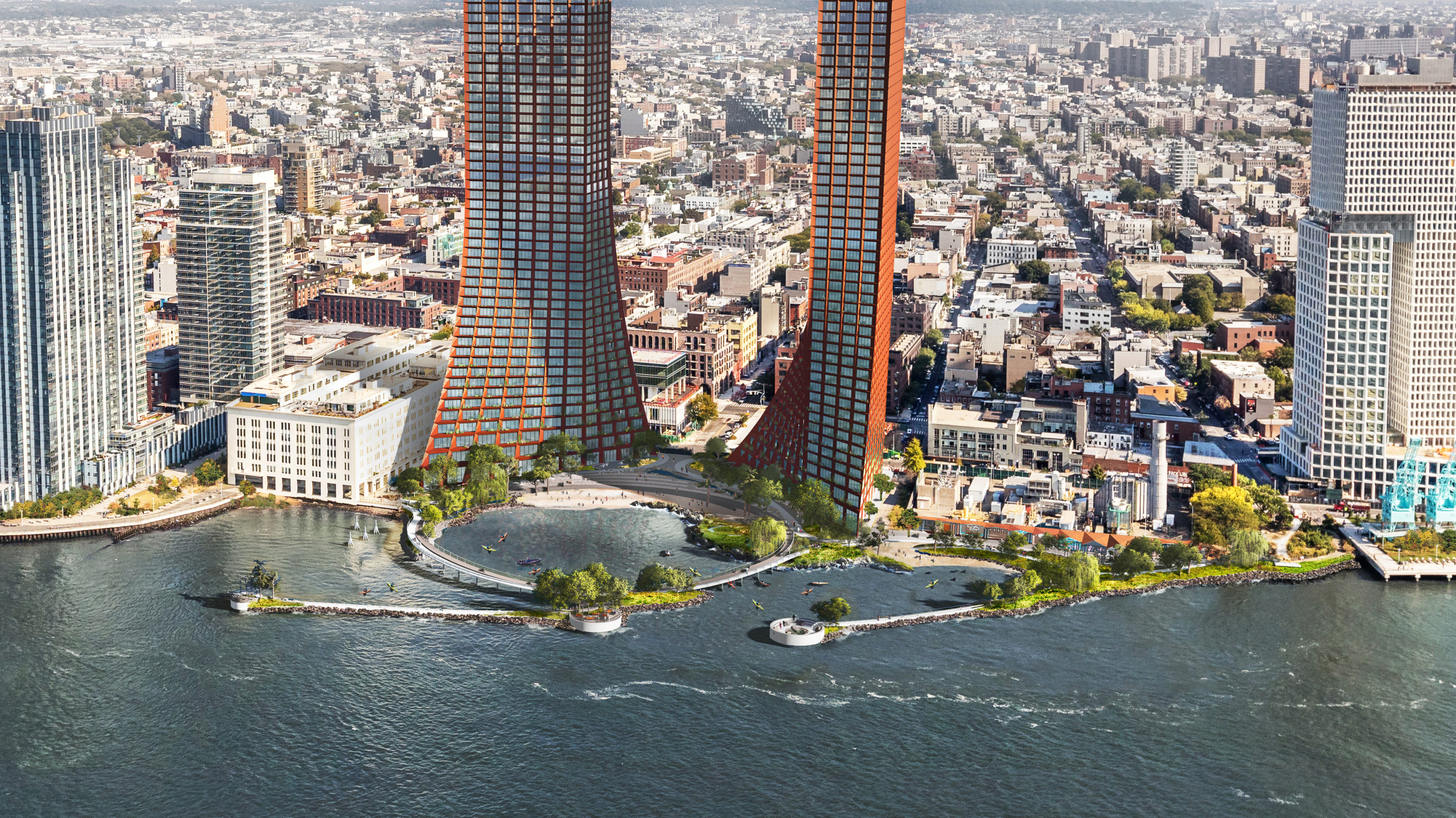 Two Trees Management will seek residential rezoning for its proposed River Street development, seen in the center of this image. Rendering by James Corner Field Operations and BIG-Bjarke Ingels Group courtesy of Two Trees Management