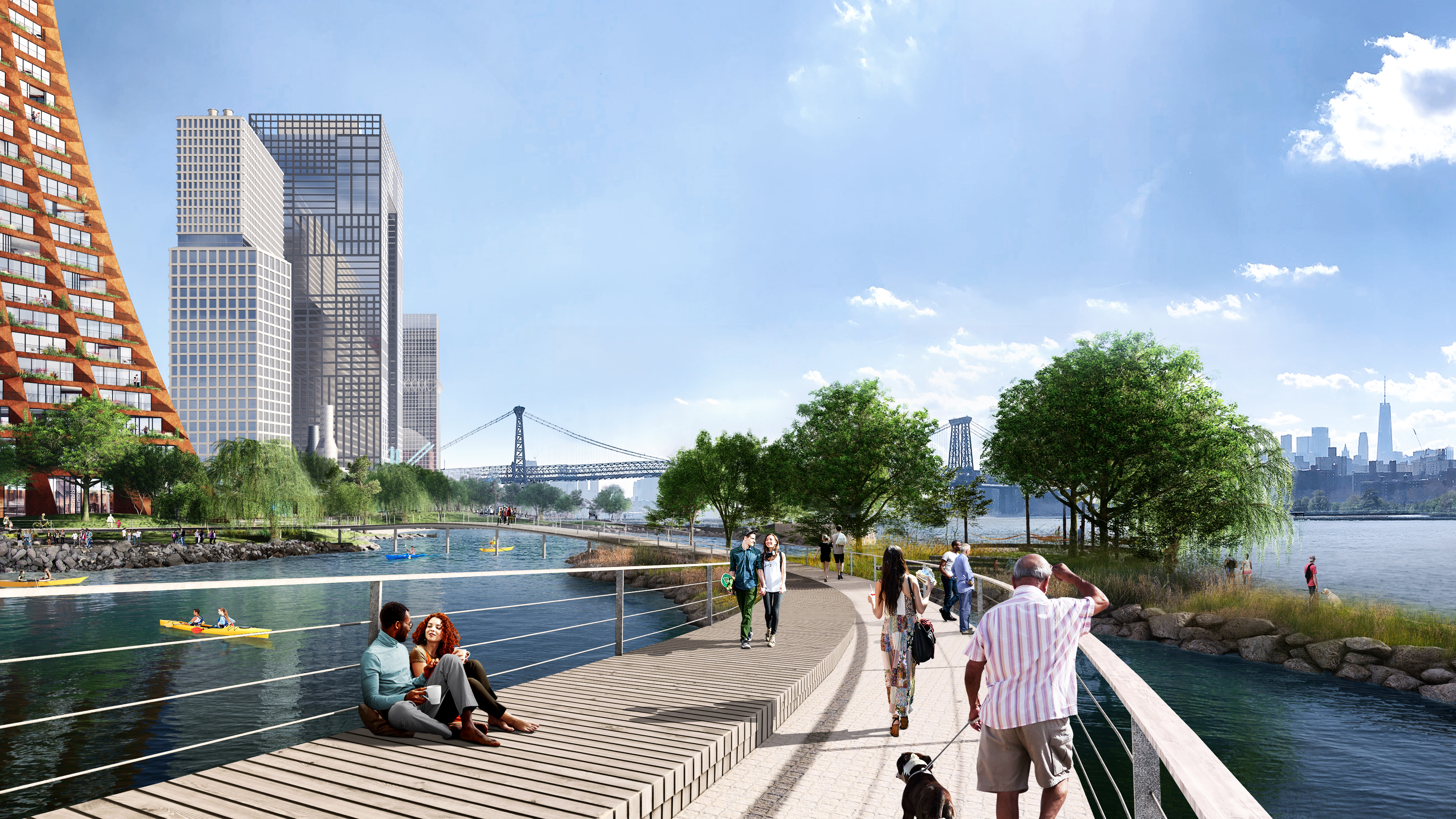 Here’s a glimpse of the planned River Street park. Rendering by James Corner Field Operations and BIG-Bjarke Ingels Group courtesy of Two Trees Management