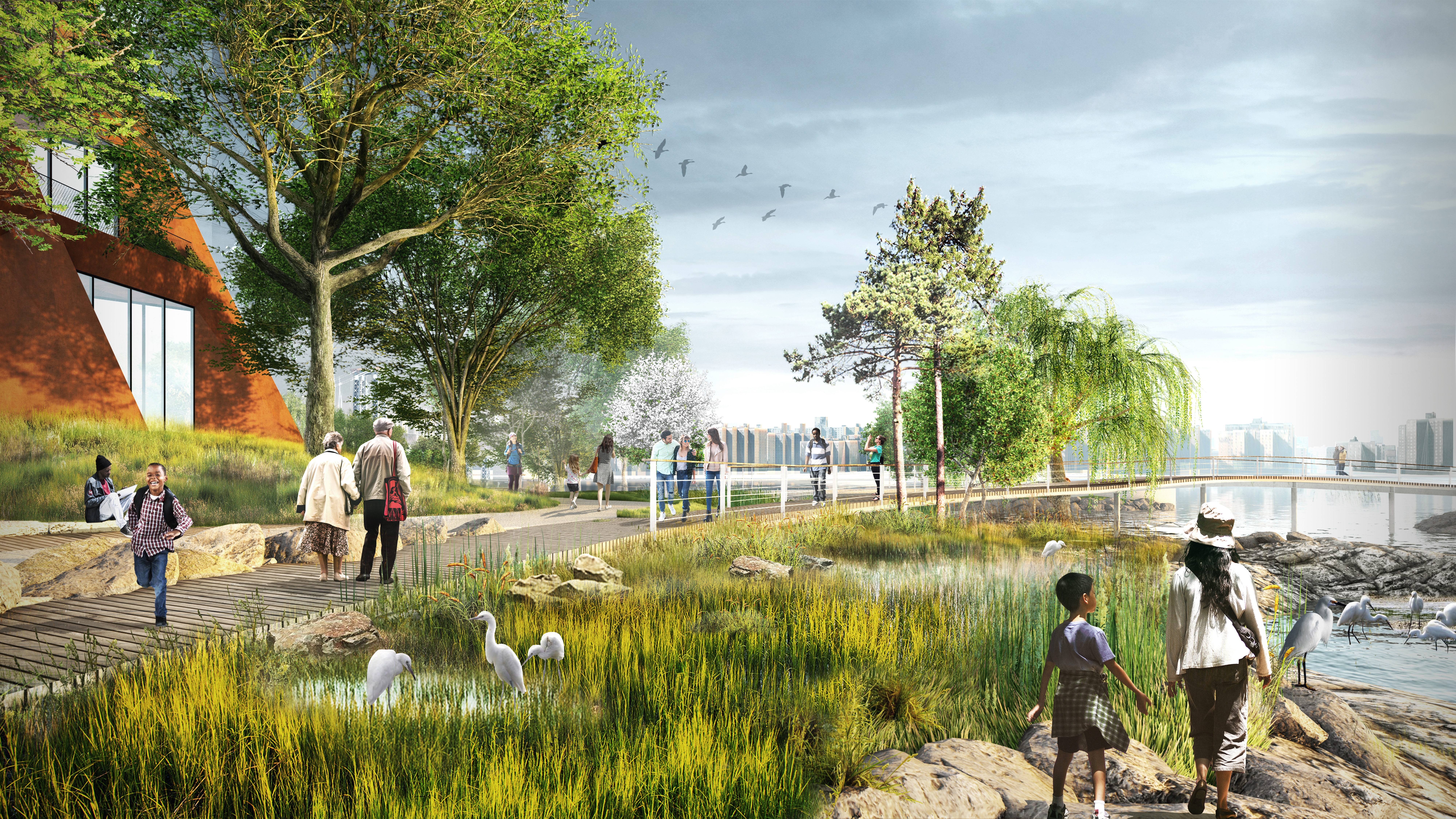 The proposed River Street park will have a variety of natural habitats. Rendering by James Corner Field Operations and BIG-Bjarke Ingels Group courtesy of Two Trees Management