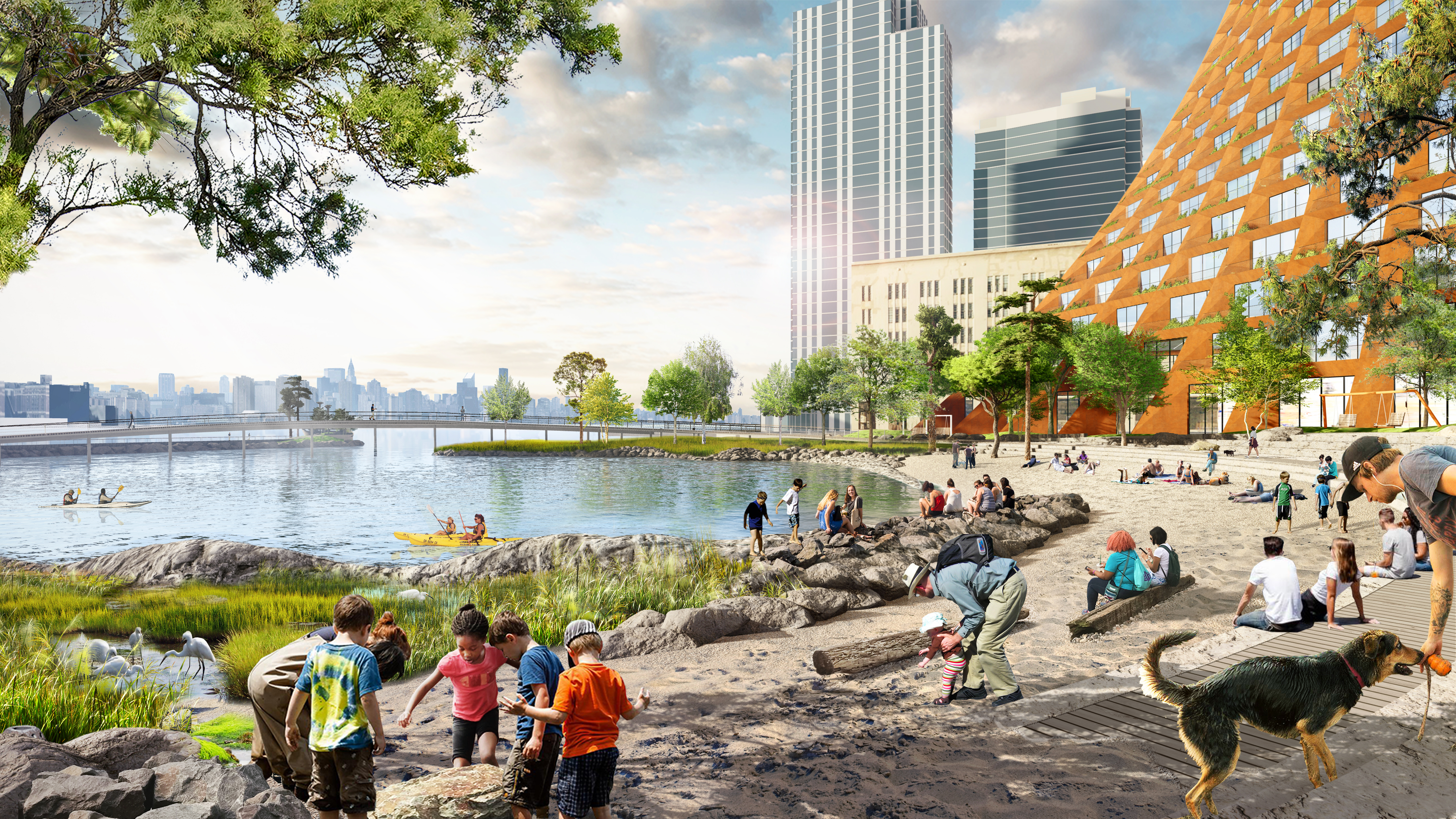 The planned River Street park will have a sandy beach. Rendering by James Corner Field Operations and BIG-Bjarke Ingels Group courtesy of Two Trees Management