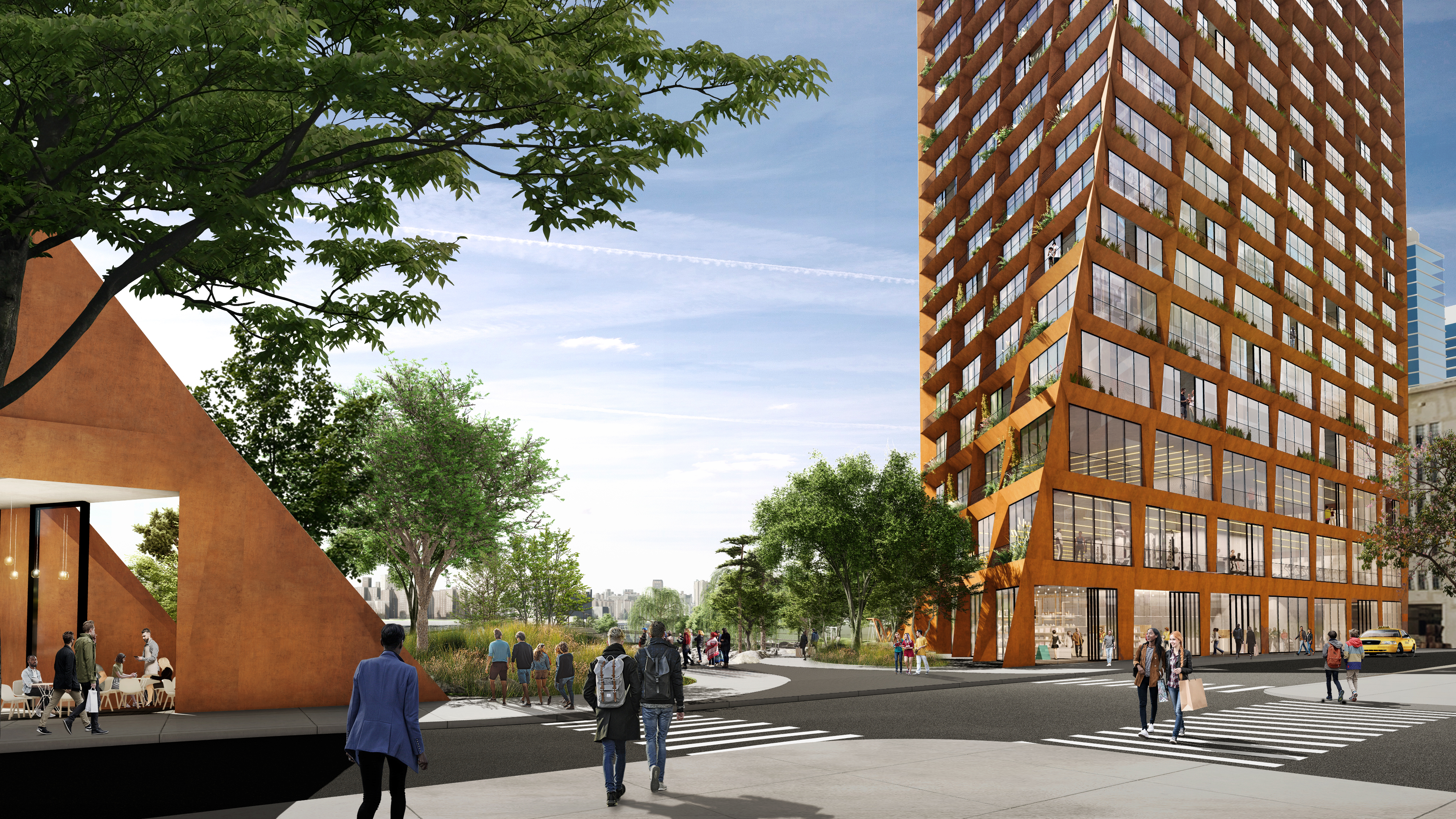 Here’s a street-level look at the proposed River Street development’s two apartment buildings. Rendering by James Corner Field Operations and BIG-Bjarke Ingels Group courtesy of Two Trees Management