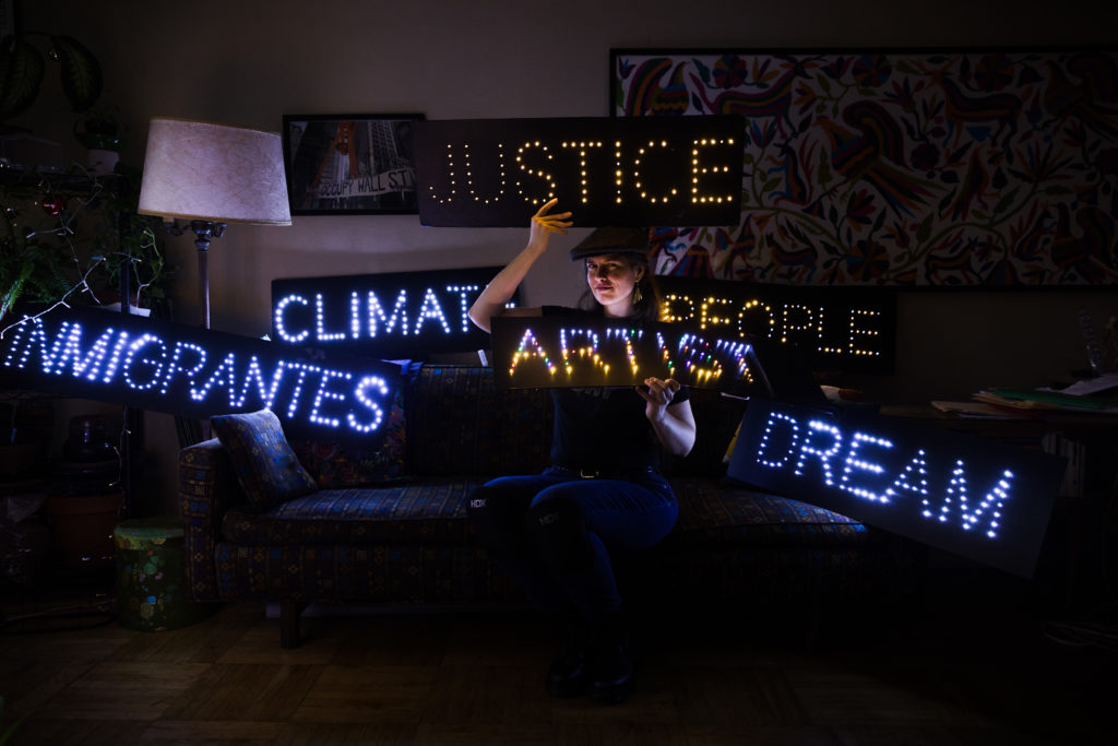Athena Soules is director and chief igniter of NYC Light Brigade, a project that uses light to amplify the messages of protest movements. Photo: Paul Frangipane/Brooklyn Eagle