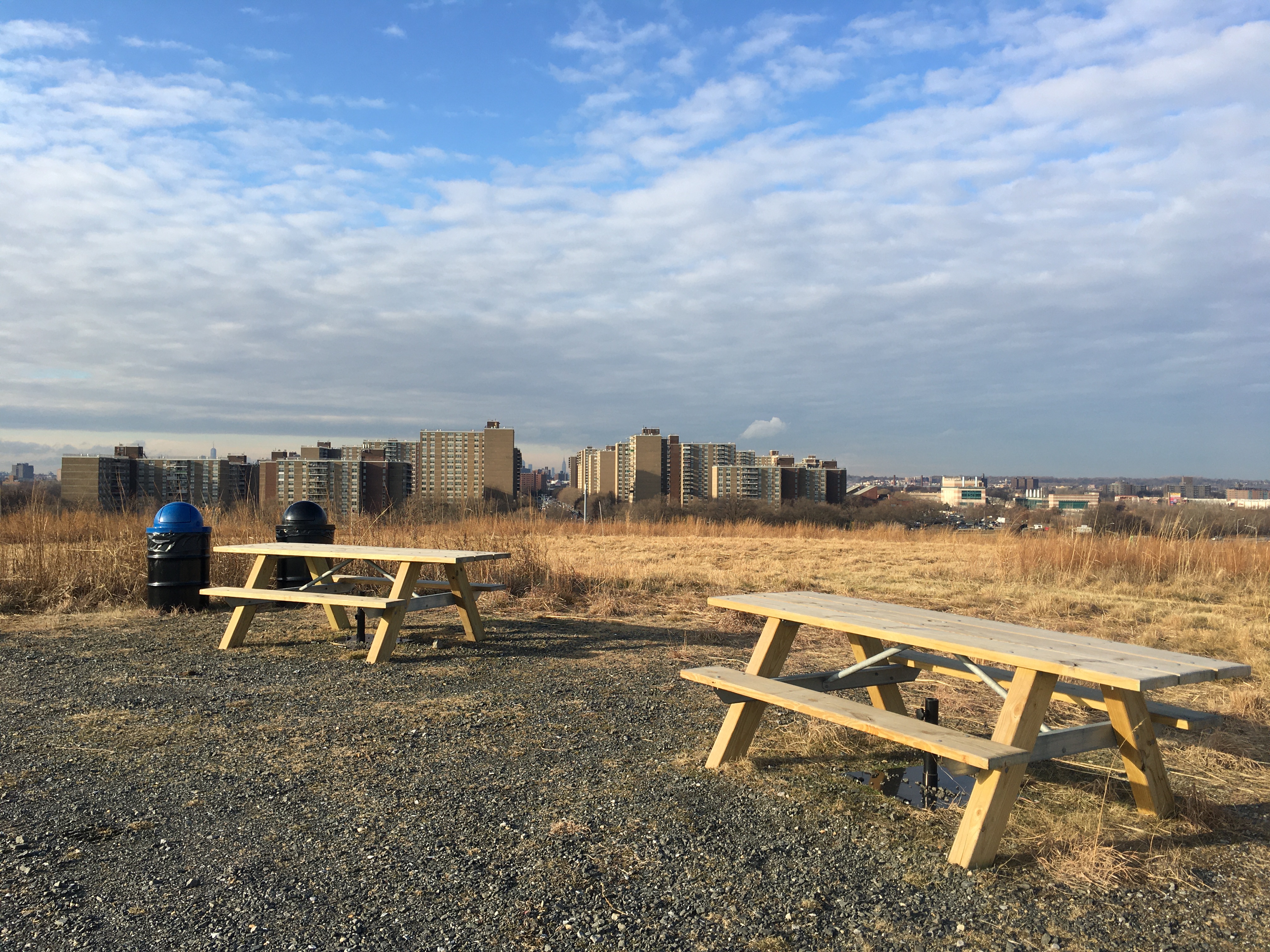 Picnic tables at the top of Red Tail Trail offer views of Starrett City. Photo: Lore Croghan/Brooklyn Eagle