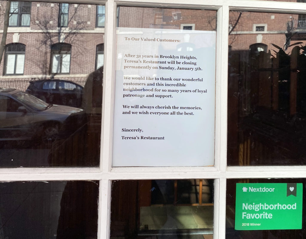 A sign on the door of Teresa’s says goodbye. Photo: JoAnne Wasserman