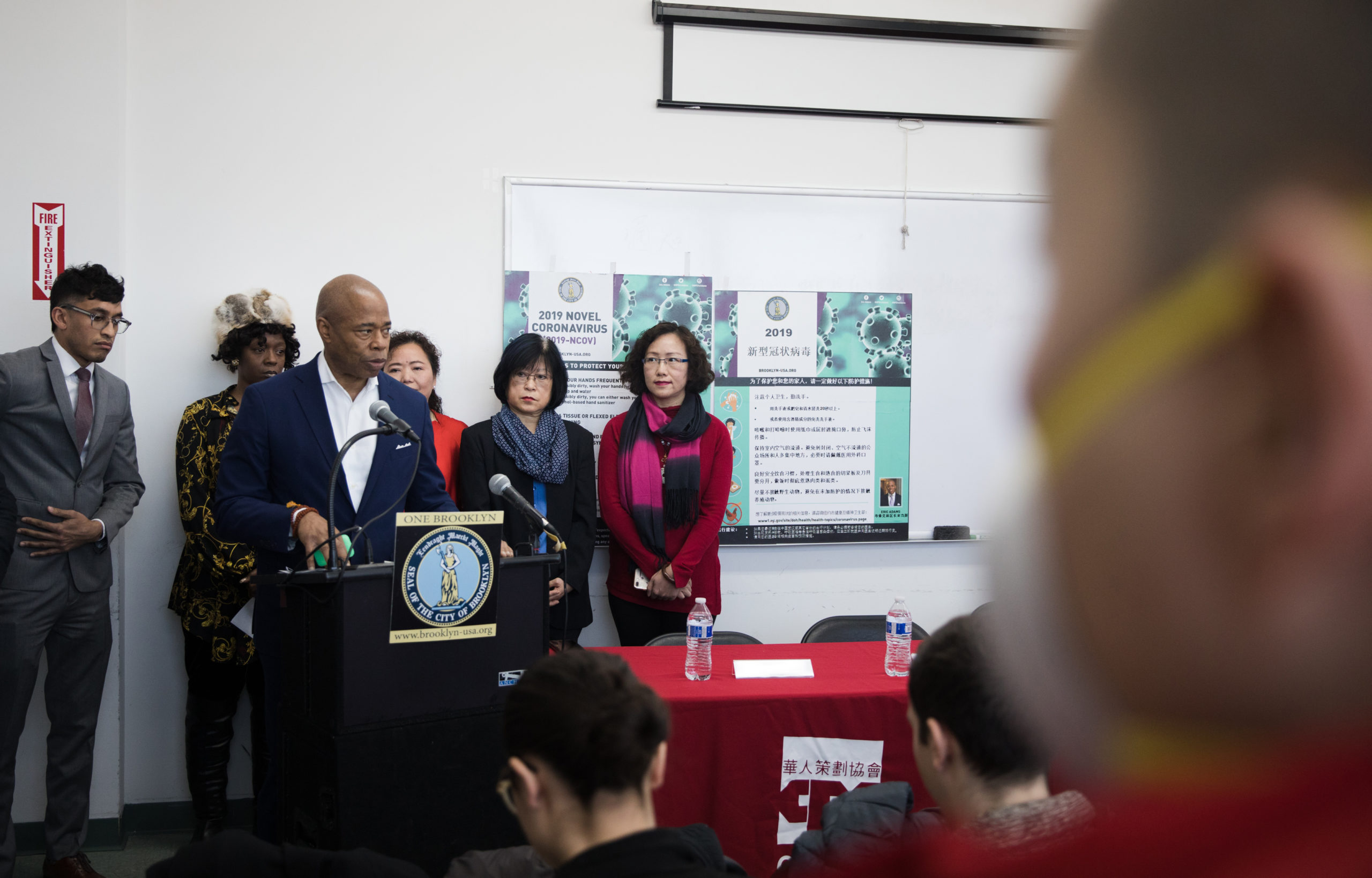 Brooklyn Borough President Eric Adams discusses the borough’s plans to handle coronavirus at a press conference in Sunset Park. Photo: Paul Frangipane/Brooklyn Eagle