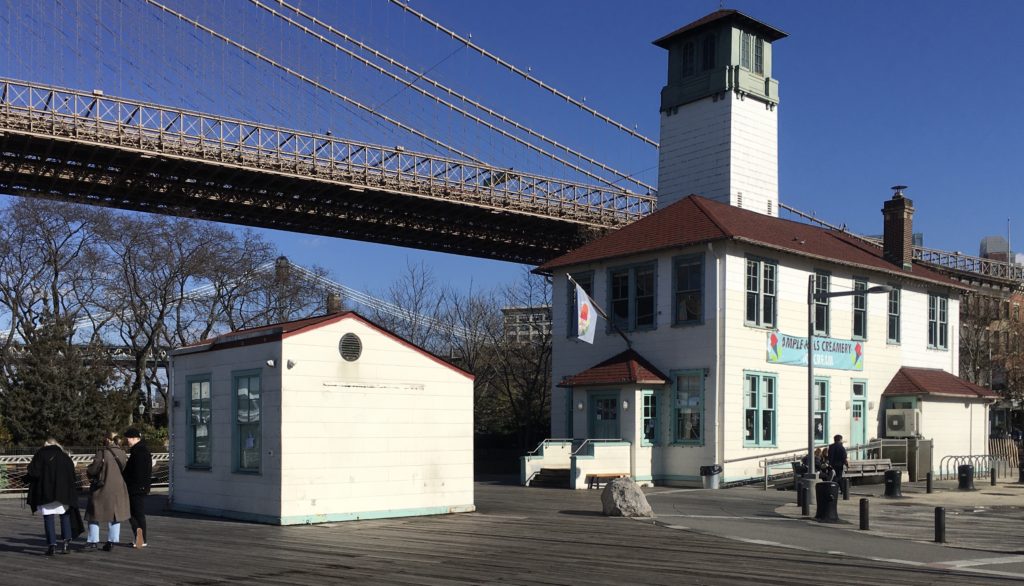 Here’s the Marine Fire Boat Station and hose shed, which stand alongside the Brooklyn Bridge. Photo: Lore Croghan/Brooklyn Eagle