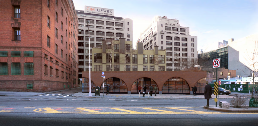 Level One Holdings is constructing a retail building at the long-vacant lot at 20 Old Fulton St. Rendering by NV/design.architecture via the Landmarks Preservation Commission