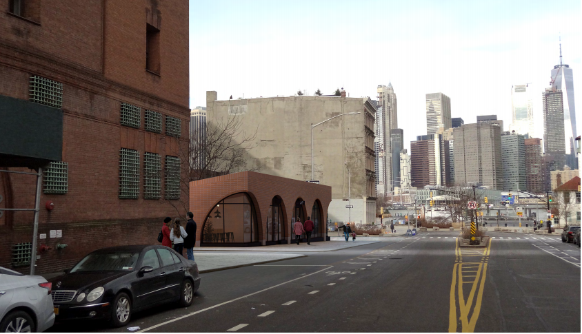 The development site at 20 Old Fulton St. is right up the road from Brooklyn Bridge Park. Rendering by NV/design.architecture via the Landmarks Preservation Commission