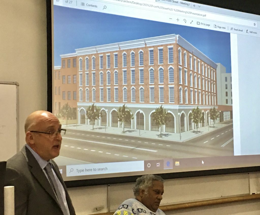 Attorney Eric Palatnik shows a design for development at 265 Front St. to Community Board 2’s Land Use Committee, which rejected the plan. Photo: Lore Croghan/Brooklyn Eagle