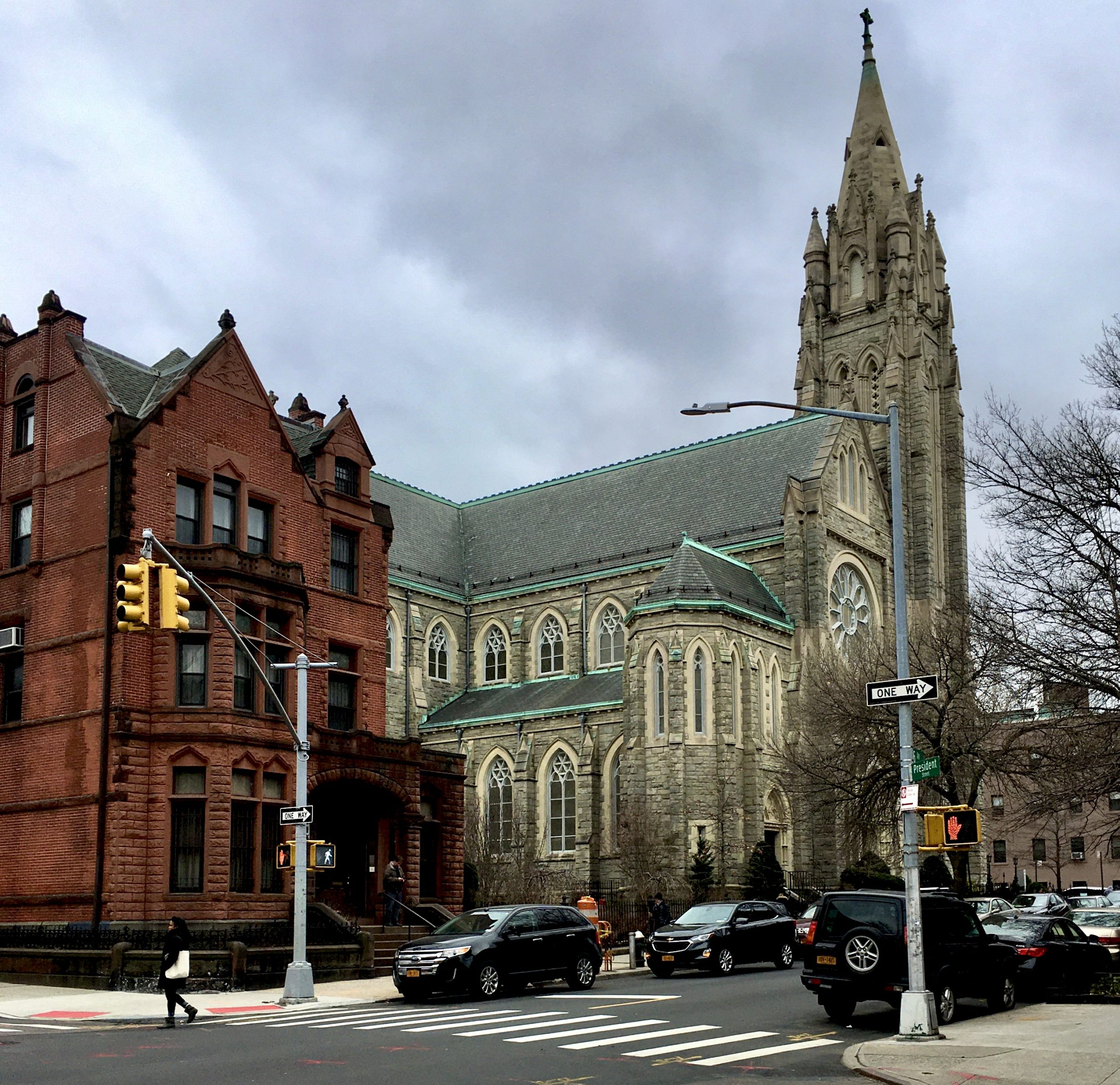 This is St. Francis Xavier Church with its rectory at left. Photo: Lore Croghan/Brooklyn Eagle
