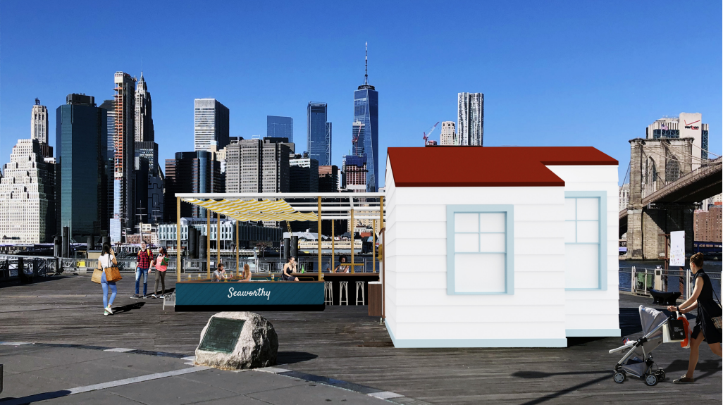 Here is the revised design of the Fulton Ferry Landing Pier restaurant pavilion facing the Manhattan skyline.  Starling Architecture through the Landmarks Preservation Commission