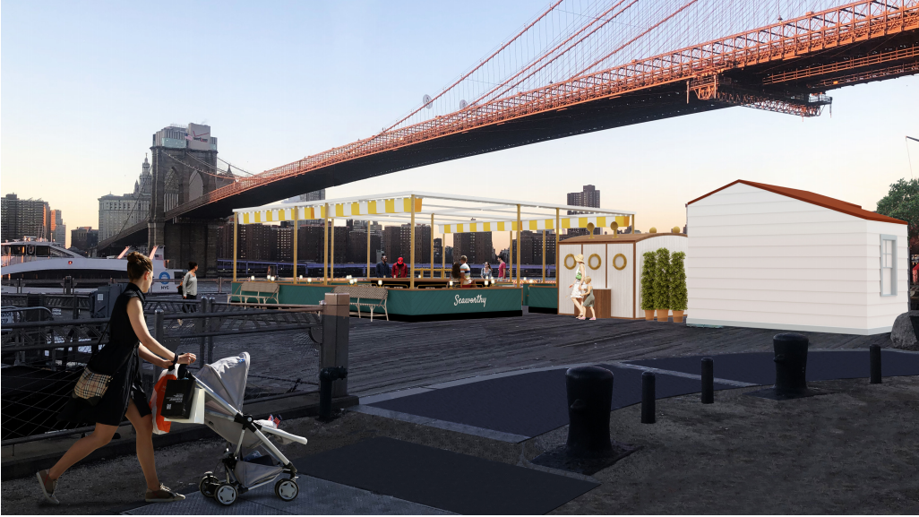 This is the Fulton Ferry Landing Pier restaurant pavilion facing the Brooklyn Bridge.  Starling Architecture through the Landmarks Preservation Commission
