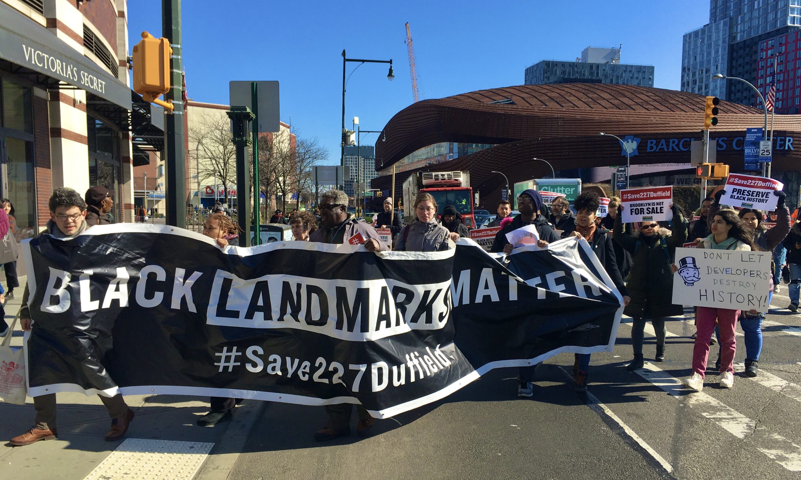 The Save 227 Duffield St. march leaves Barclays Center and heads up Flatbush Avenue. Photo: Lore Croghan/Brooklyn Eagle