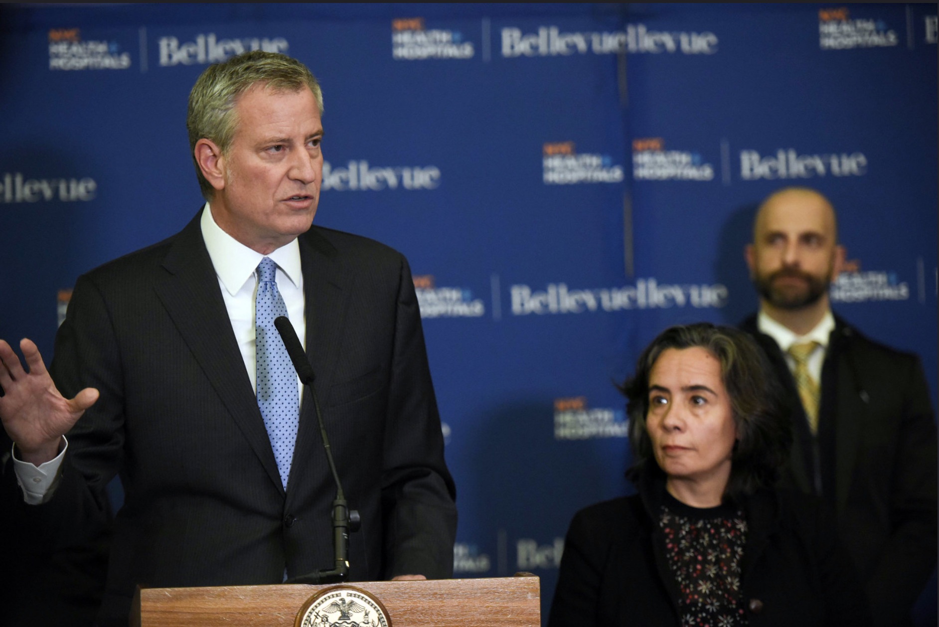 Mayor Bill de Blasio held a press conference to discuss a suspected coronavirus case at Bellevue, a public NYC Health+ Hospital institution in Manhattan on Saturday, February 1, 2020. Photo: Ed Reed/Mayoral Photography Office
