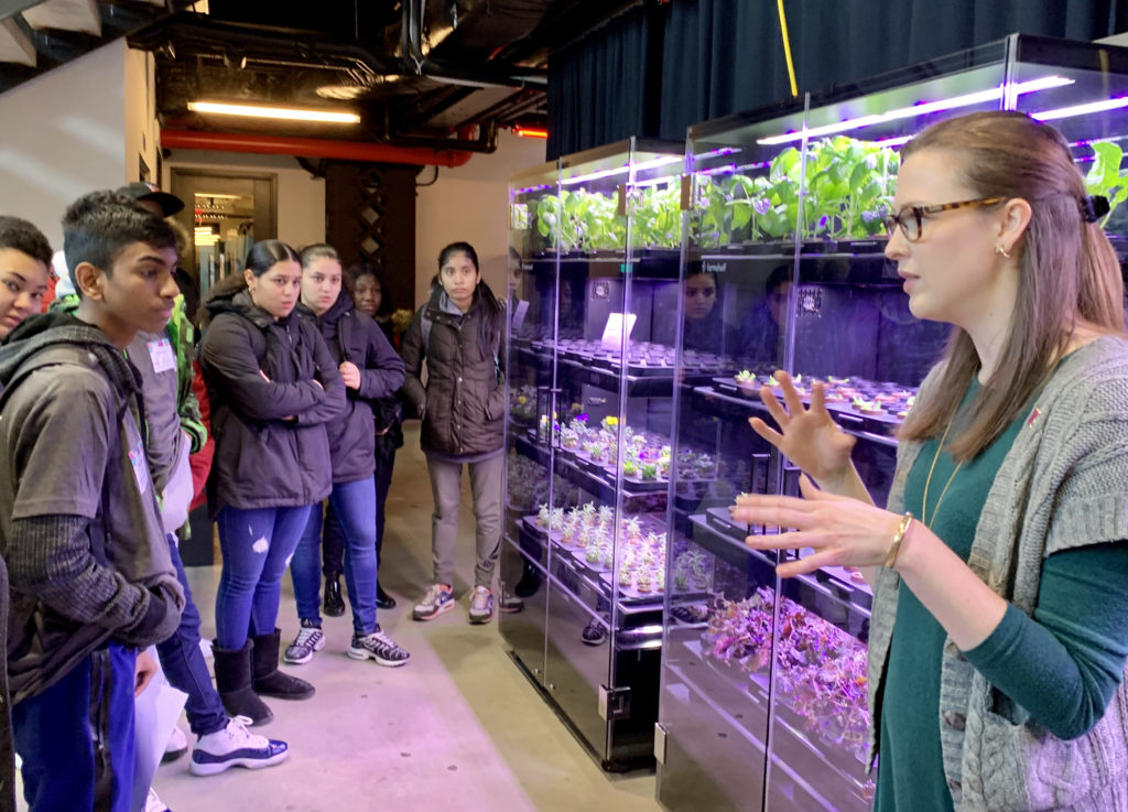 Laura Madden, events & customer success manager at Farmshelf, a start-up at New Labs, explains how the “smart” indoor farm system works. Photo: Mary Frost, Brooklyn Eagle