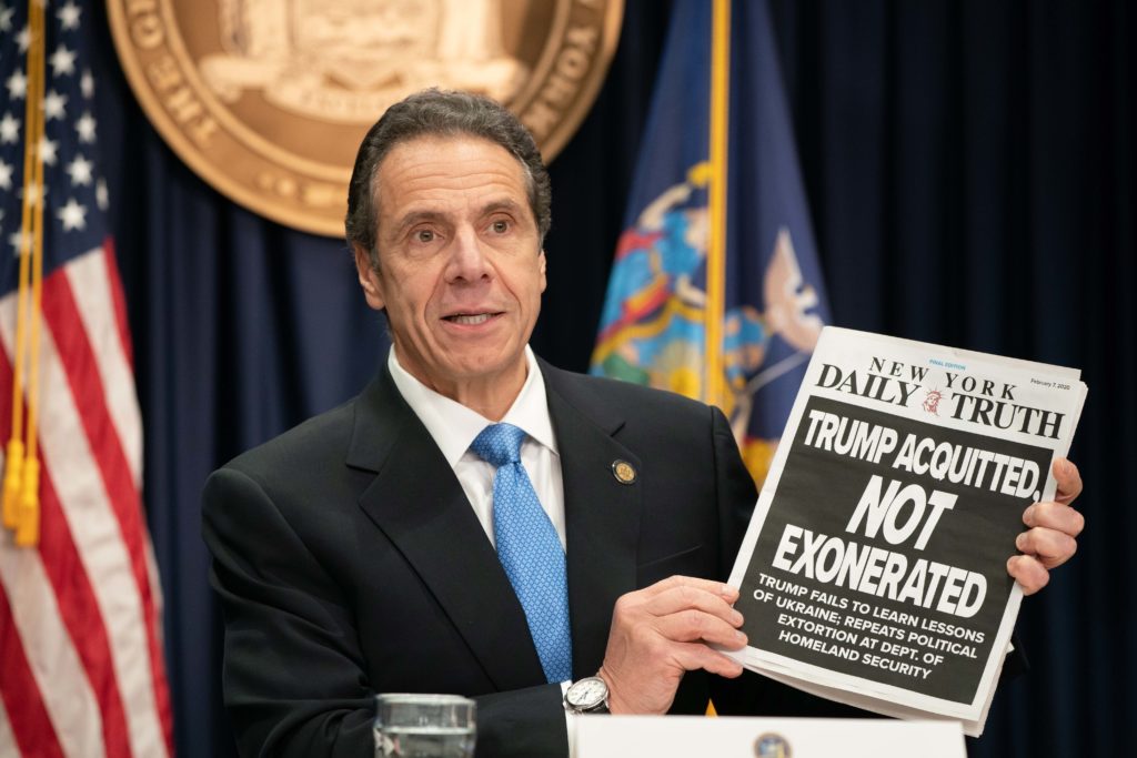Gov. Andrew Cuomo on Friday compared the Trump administration’s ban on New York residents from the Trusted Traveler programs to his alleged extortion of Ukraine. Photo: Office of Gov. Cuomo
