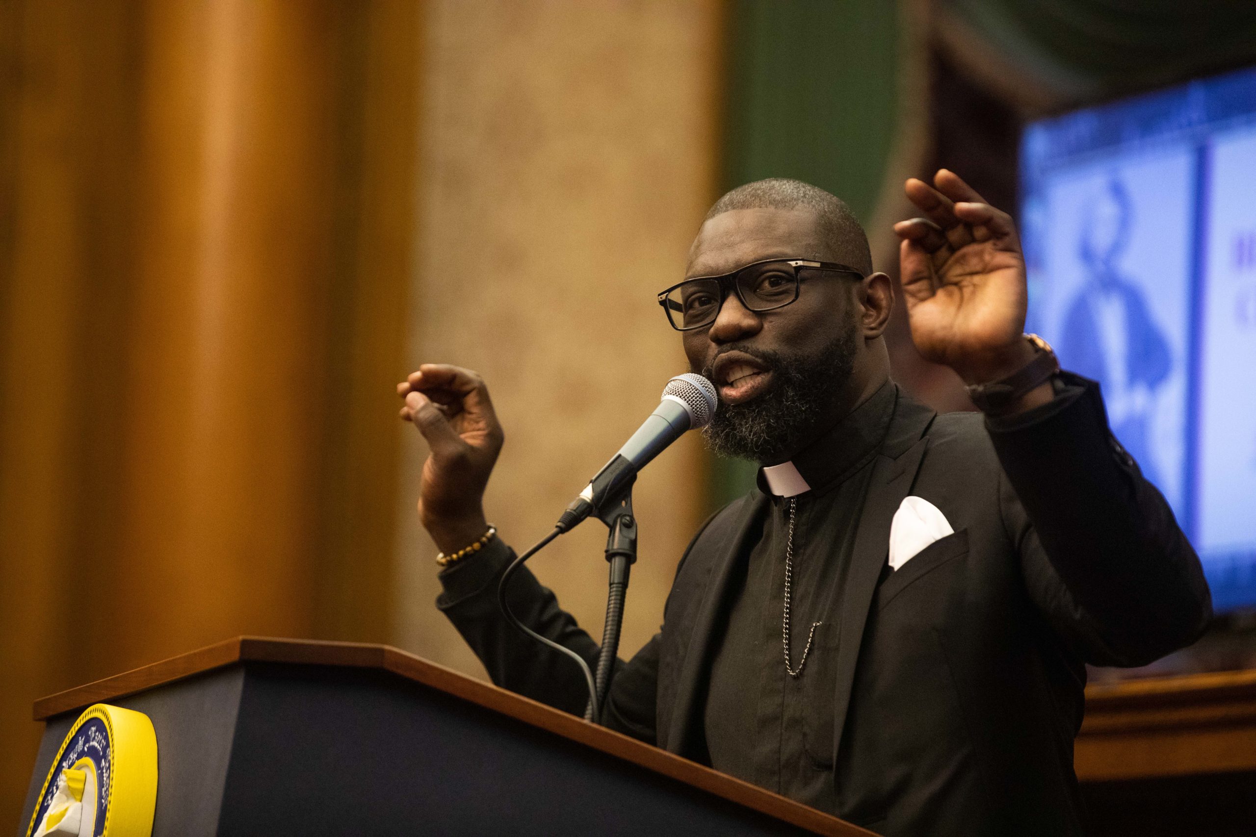 Rev. Dr. Dave Allen of Bethel Tabernacle AME Church speaks to a crowd of local clergy members at a Black History Month event at Brooklyn Borough Hall on Feb. 27, 2020. Photo: Paul Frangipane/Brooklyn Eagle