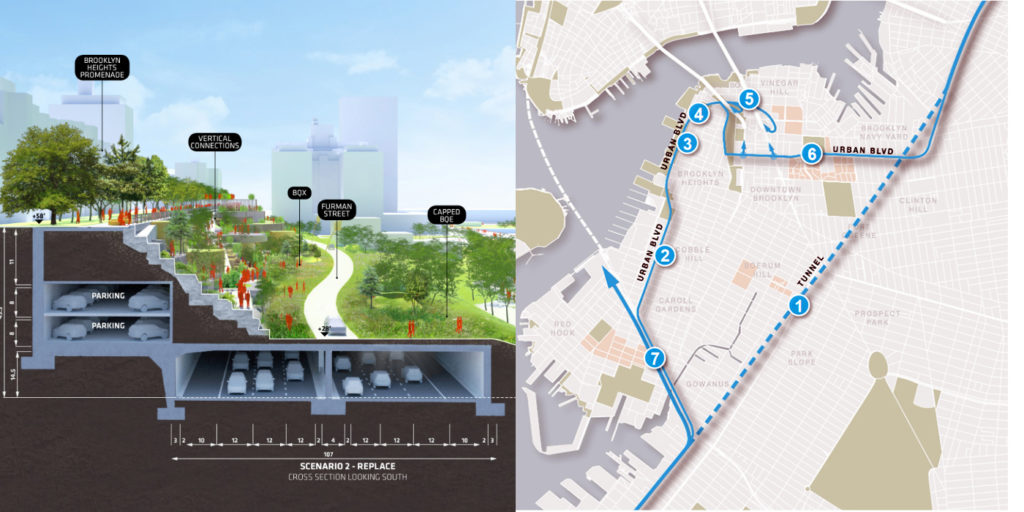 Two recommendations by the City Council and engineering firm Arup are based on (left) a design originated by Brooklyn Heights resident Mark Baker and DUMBO’s Bjarke Ingels Group (BIG), and (right) a tunnel idea championed by Cobble Hill resident Roy Sloane. Image left courtesy of BIG; map right courtesy of Arup