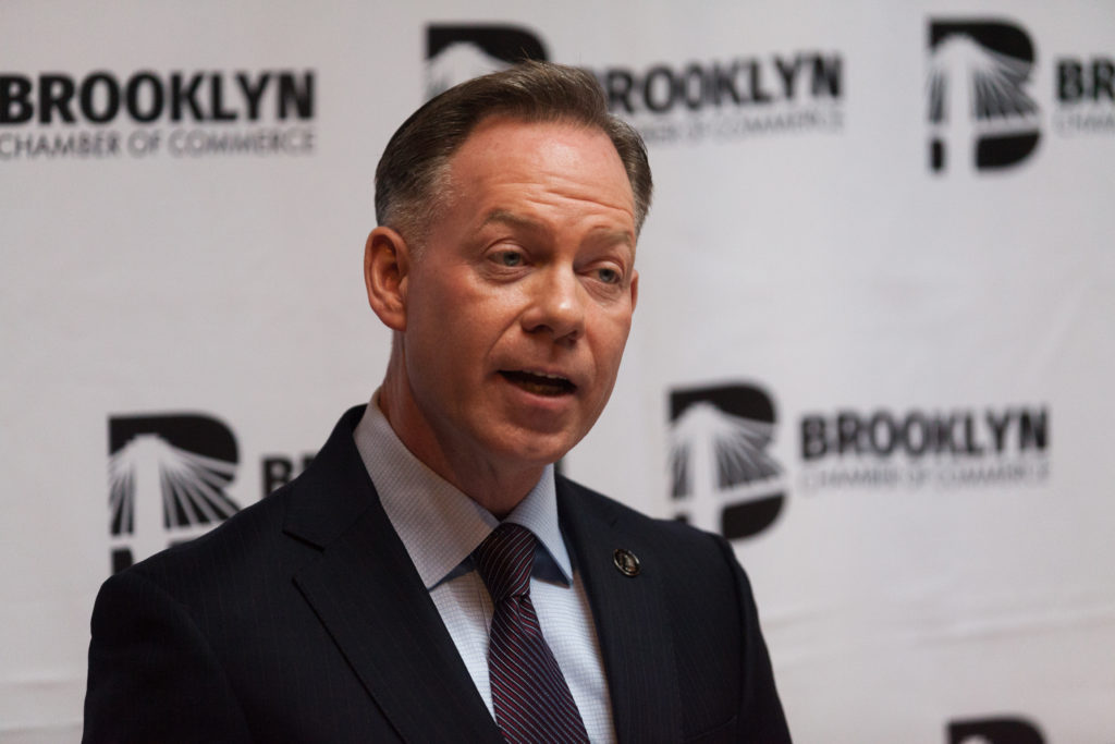 Brooklyn Chamber of Commerce President Randy Peers unveils a new program to provide micro loans for small businesses. Photo: Paul Frangipane/Brooklyn Eagle