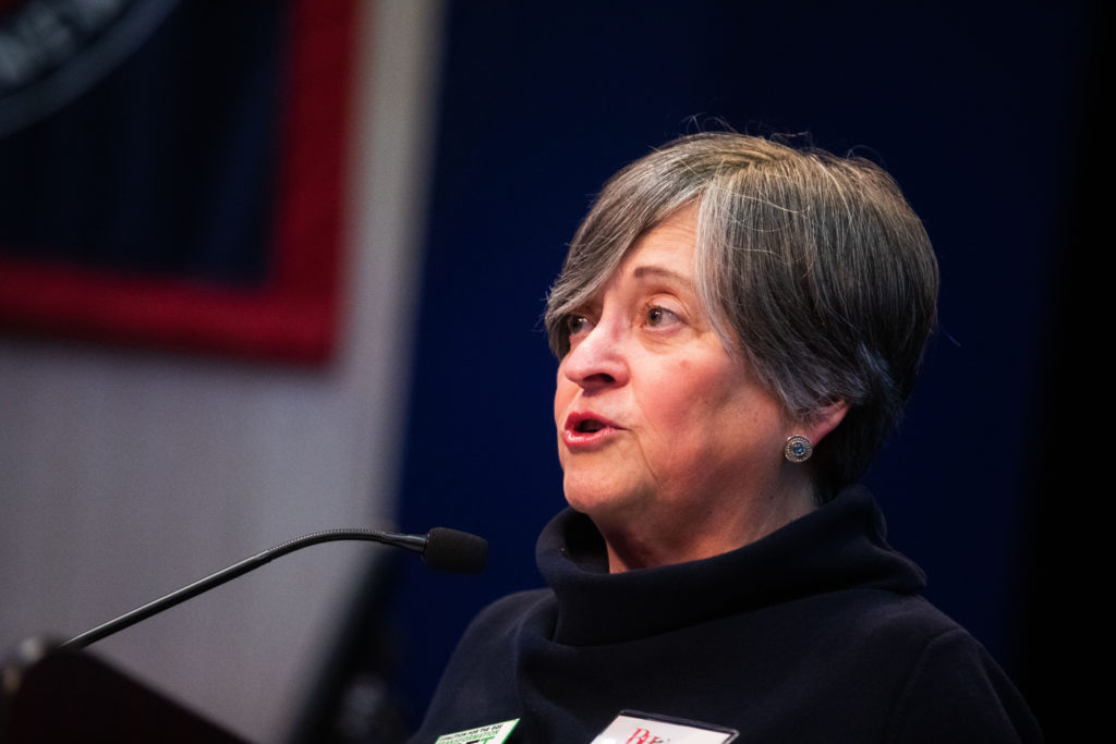 Brooklyn Heights Association President Martha Bakos Dietz goes over current events for the crowd at the association's annual meeting at St. Francis College on Feb. 27, 2020. Photo: Paul Frangipane/Brooklyn Eagle