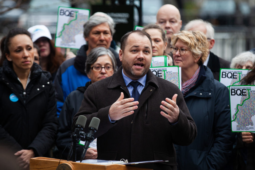 New York City Council Speaker Corey Johnson at a press conference before Tuesday’s hearing on recommendations released by the Council and its engineering firm Arup. Photo: Paul Frangipane, Brooklyn Eagle