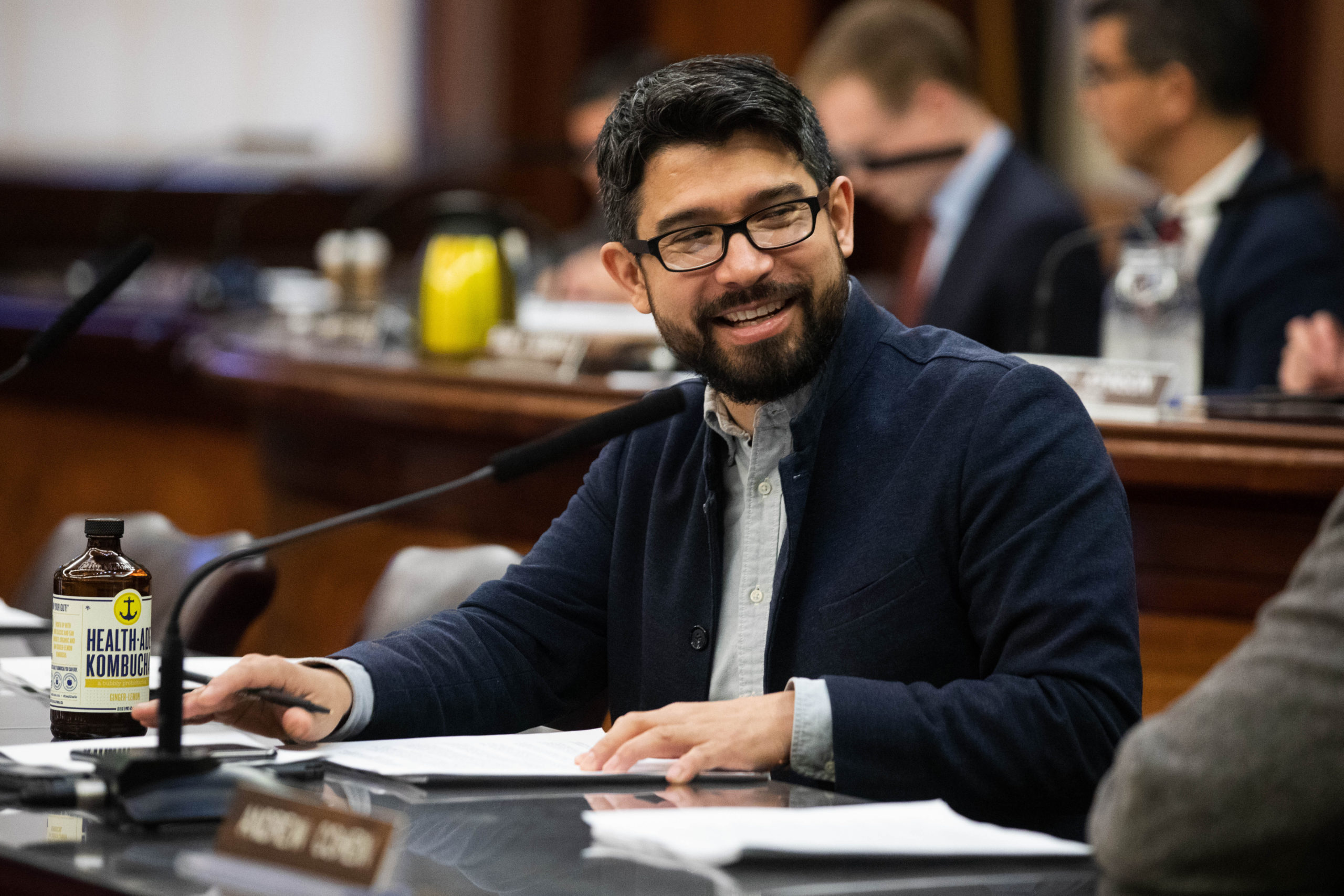 Councilmember Carlos Menchaca at a hearing in the City Council Committee on Transportation on the future of the Brooklyn-Queens Expressway on Feb. 25, 2020 at City Hall. Photo: Paul Frangipane/Brooklyn Eagle