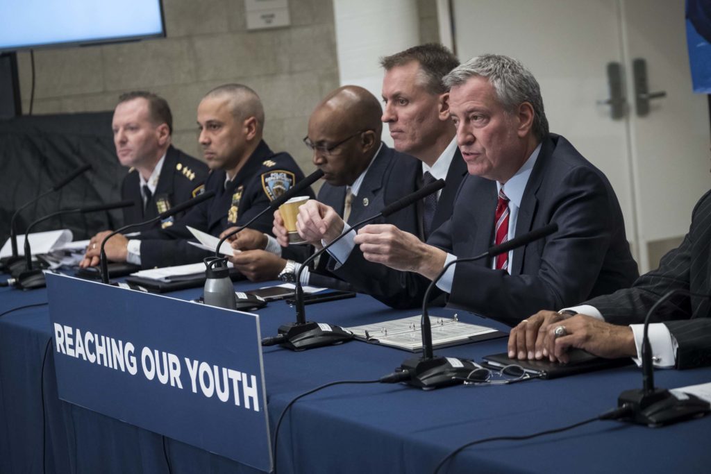 Mayor Bill de Blasio and Police Commissioner Shea unveiled January crime statistics in Harlem on Tuesday. Photo: Ed Reed/Mayoral Photography Office.