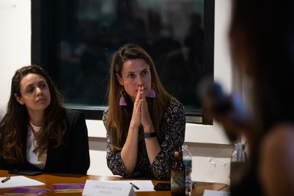 Lindsay Clinton serves as a judge in the Make It in Brooklyn Female Founders pitch contest. The contest featured six female founders from five different startups pitching their businesses. Photo: Paul Frangipane/Brooklyn Eagle