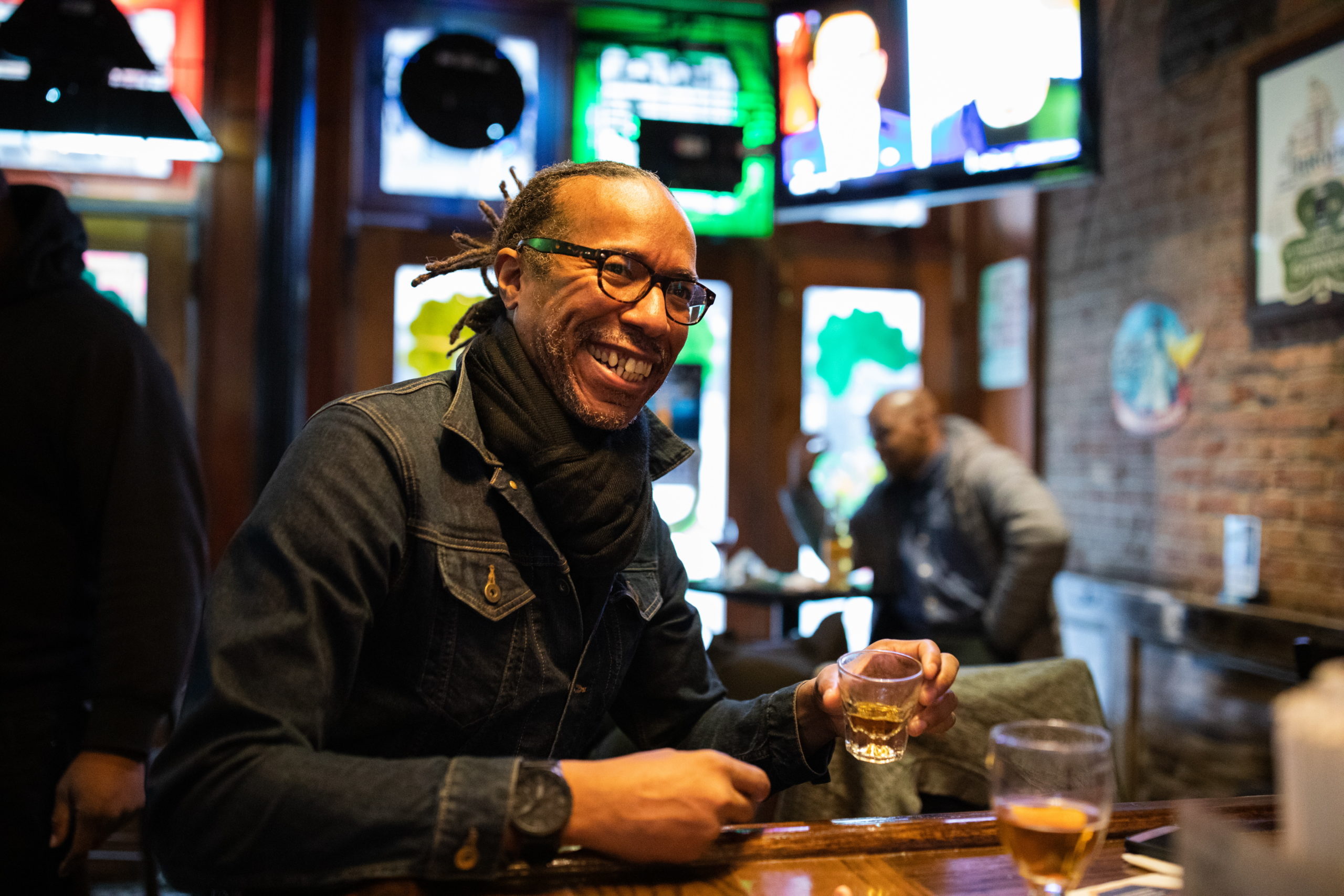 Patron Hayden Long sits at the bar of O’Keefe’s in Downtown Brooklyn on March 16, 2020. Gov. Andrew Cuomo previously ordered all bars and restaurants would have to close by 8 p.m. on the 16th. They could continue with takeout and delivery. Photo: Paul Frangipane/Brooklyn Eagle
