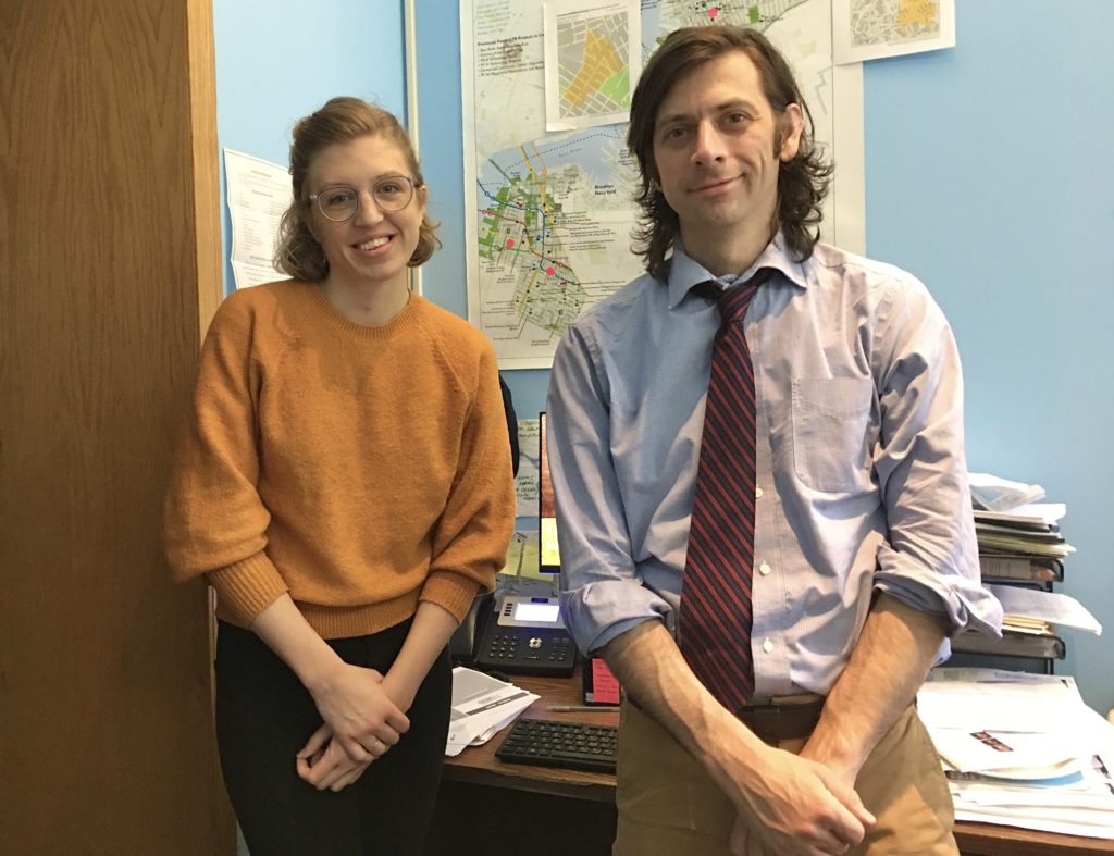 City Councilmember Stephen Levin is seen here with his Legislative Director Elizabeth Adams. This photo was taken a week before the City Council adopted a work-from-home policy because of the coronavirus. Photo: Lore Croghan/Brooklyn Eagle
