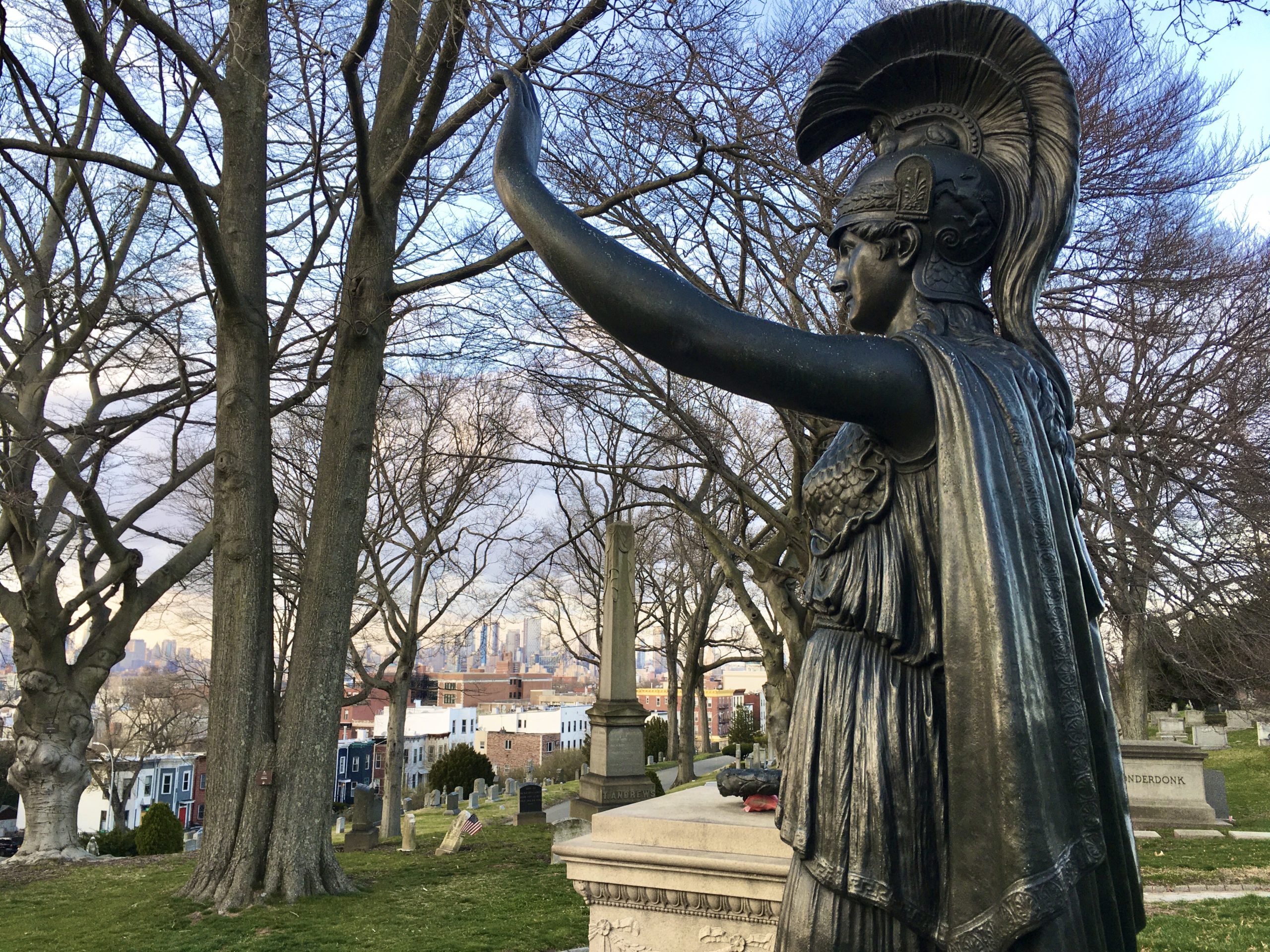 This is Minerva, who stands on Green-Wood’s Battle Hill and raises her hand in salute to the Statue of Liberty. Photo: Lore Croghan/Brooklyn Eagle